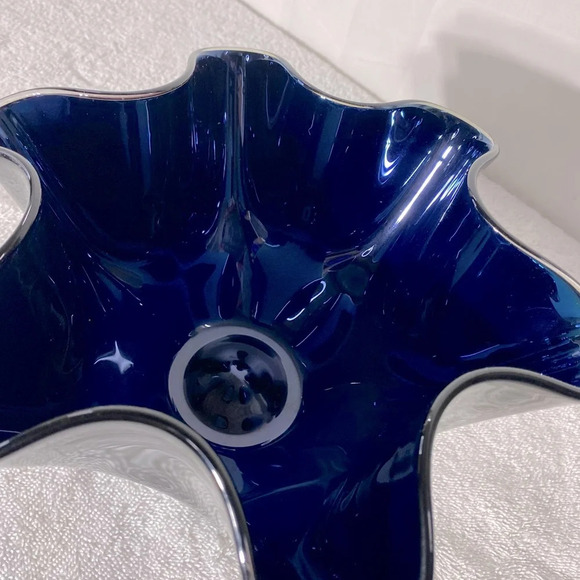 Handblown Ripple Edge Blue Black Glass Opal Cut Glass Handkerchief Vase Bowl - Picture 5 of 15